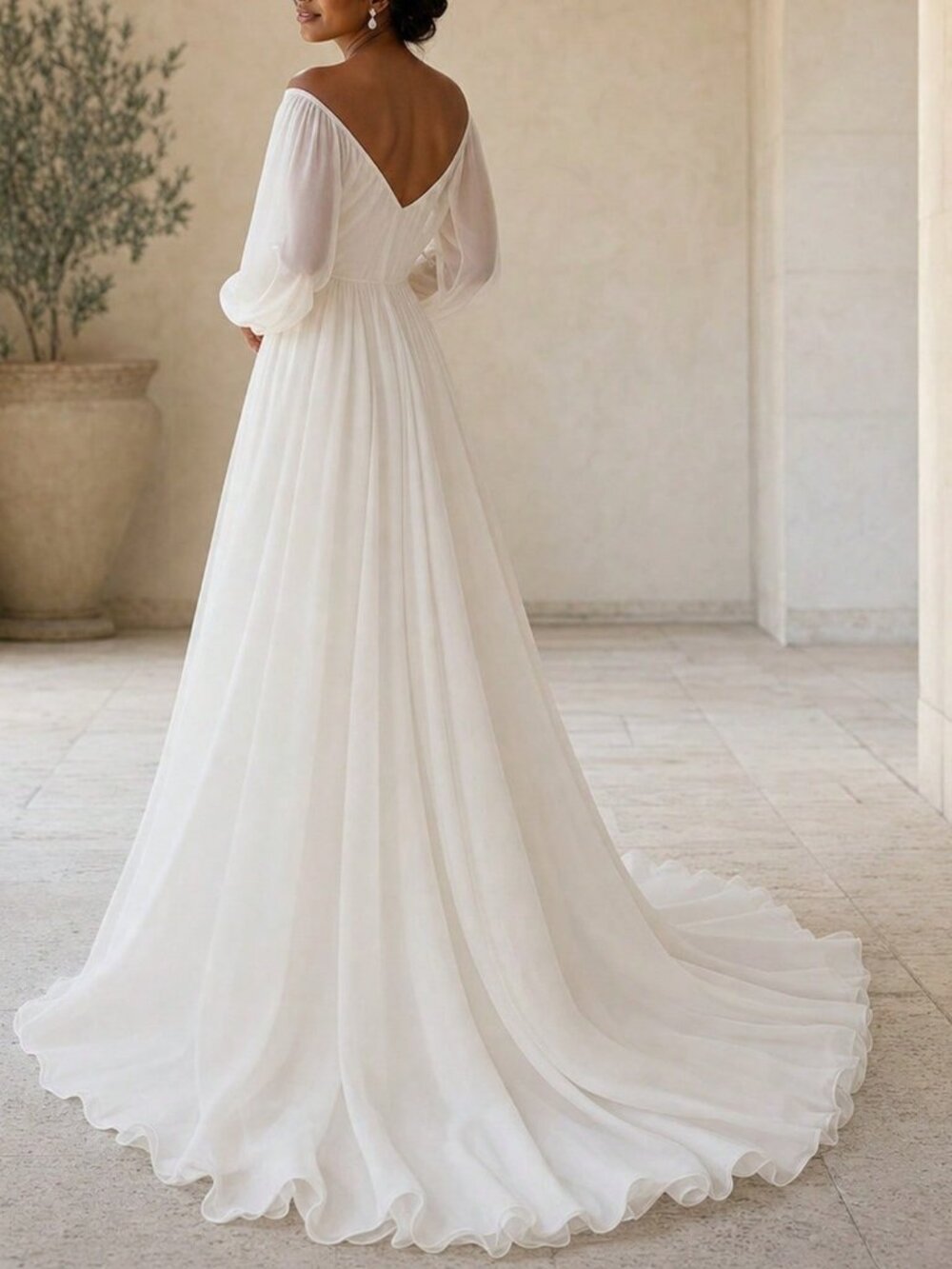 White Boho Women's Chiffon Off The Shoulder Long Sleeve A-Line Maxi Dress - Picture 2 of 9